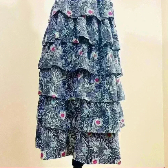 Liberty of London Tier Fit Flare “Peacock” Spaghetti Strap Sun Dress Size M - Picture 6 of 12